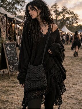 Black Crochet Crossbody Bag Boho Festival Goth Textured Knit Small Purse